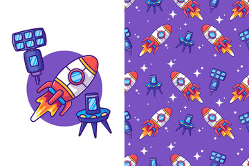 Rocket in the space cartoon illustrations with seamless pattern