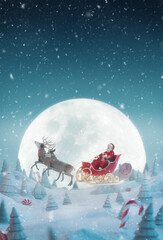 Happy Santa Claus in Christmas sleigh in a magical forest with candy canes. - obrazy, fototapety, plakaty