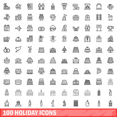 100 holiday icons set. Outline illustration of 100 holiday icons vector set isolated on white background