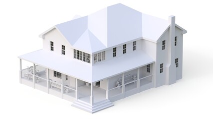 Modern beautiful house. A classic American cottage for a large family. 3D illustration