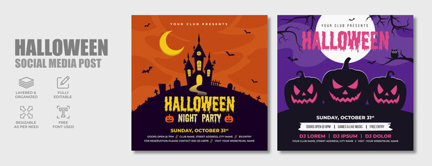 Halloween horror night dj party promotion social media banner template design. Scary zombie or ghost club party, festival, holiday and celebration event marketing web post, flyer or abstract poster.