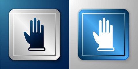 Obraz premium White Rubber gloves icon isolated on blue and grey background. Latex hand protection sign. Housework cleaning equipment symbol. Silver and blue square button. Vector