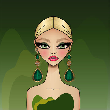 Vector avatar fashion illustration of elegant girl wearing dressy jade earrings on green background.