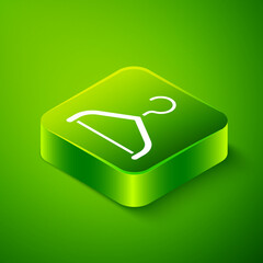 Isometric Hanger wardrobe icon isolated on green background. Cloakroom icon. Clothes service symbol. Laundry hanger sign. Green square button. Vector