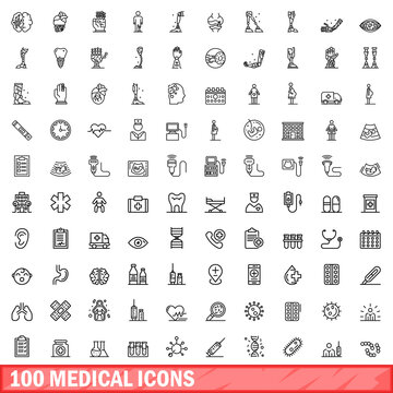 100 medical icons set. Outline illustration of 100 medical icons vector set isolated on white background