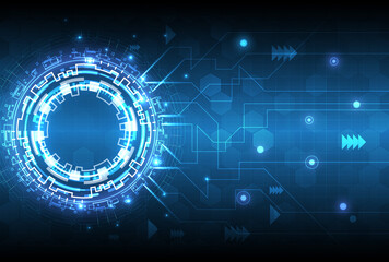 Futuristic Sci-Fi glowing HUD circle element. Abstract hi-tech background. Hologram particle of head-up display interface. Virtual reality technology of computer cyber, machine learning