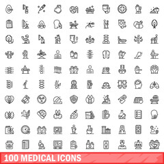 100 medical icons set. Outline illustration of 100 medical icons vector set isolated on white background