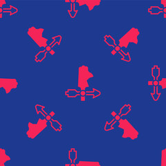 Red Rooster weather vane icon isolated seamless pattern on blue background. Weathercock sign. Windvane rooster. Vector