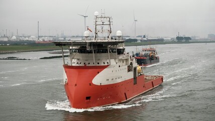 Offshore support vessel on Maas river in the Netherlands