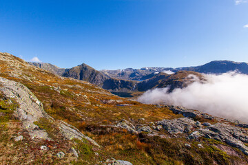 Fototapeta na wymiar Beautiful view of the mountains in Rosendal Norway. On a hiking trip to Bjørndalstraversen.