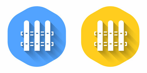 White Garden fence wooden icon isolated with long shadow background. Circle button. Vector