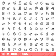 100 medical icons set. Outline illustration of 100 medical icons vector set isolated on white background