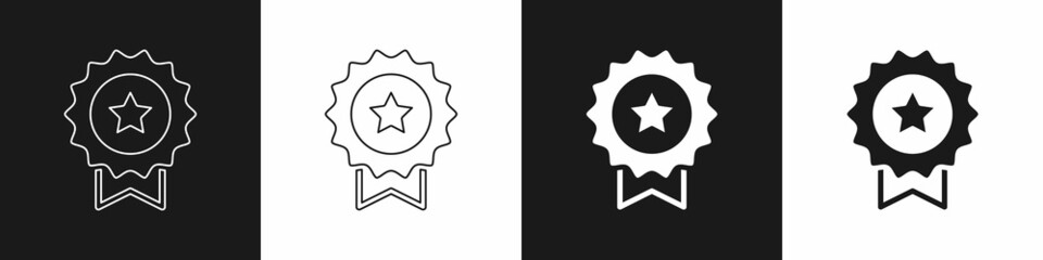 Set Medal with star icon isolated on black and white background. Winner achievement sign. Award medal. Vector