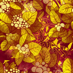 Abstract gold berries and leaves vintage seamless pattern. Digital and watercolour mixed media artwork. Endless motif for packaging, scrapbooking, decoupage paper, textiles and more.