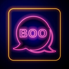 Obraz premium Glowing neon Boo speech bubble icon isolated on black background. Happy Halloween party. Vector