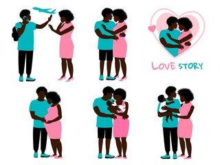 Black couple love story set, great design for any purposes. Marriage and cohaabitation concept. Family couple in Love. Vector design illustration. EPS10
