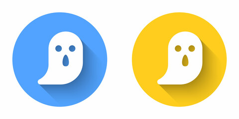 White Ghost icon isolated with long shadow background. Happy Halloween party. Circle button. Vector