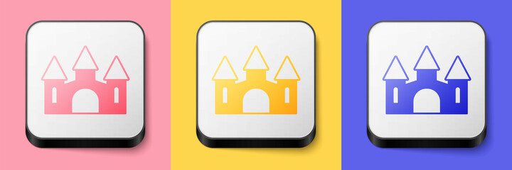 Isometric Castle icon isolated on pink, yellow and blue background. Medieval fortress with a tower. Protection from enemies. Reliability and defense of the city. Square button. Vector