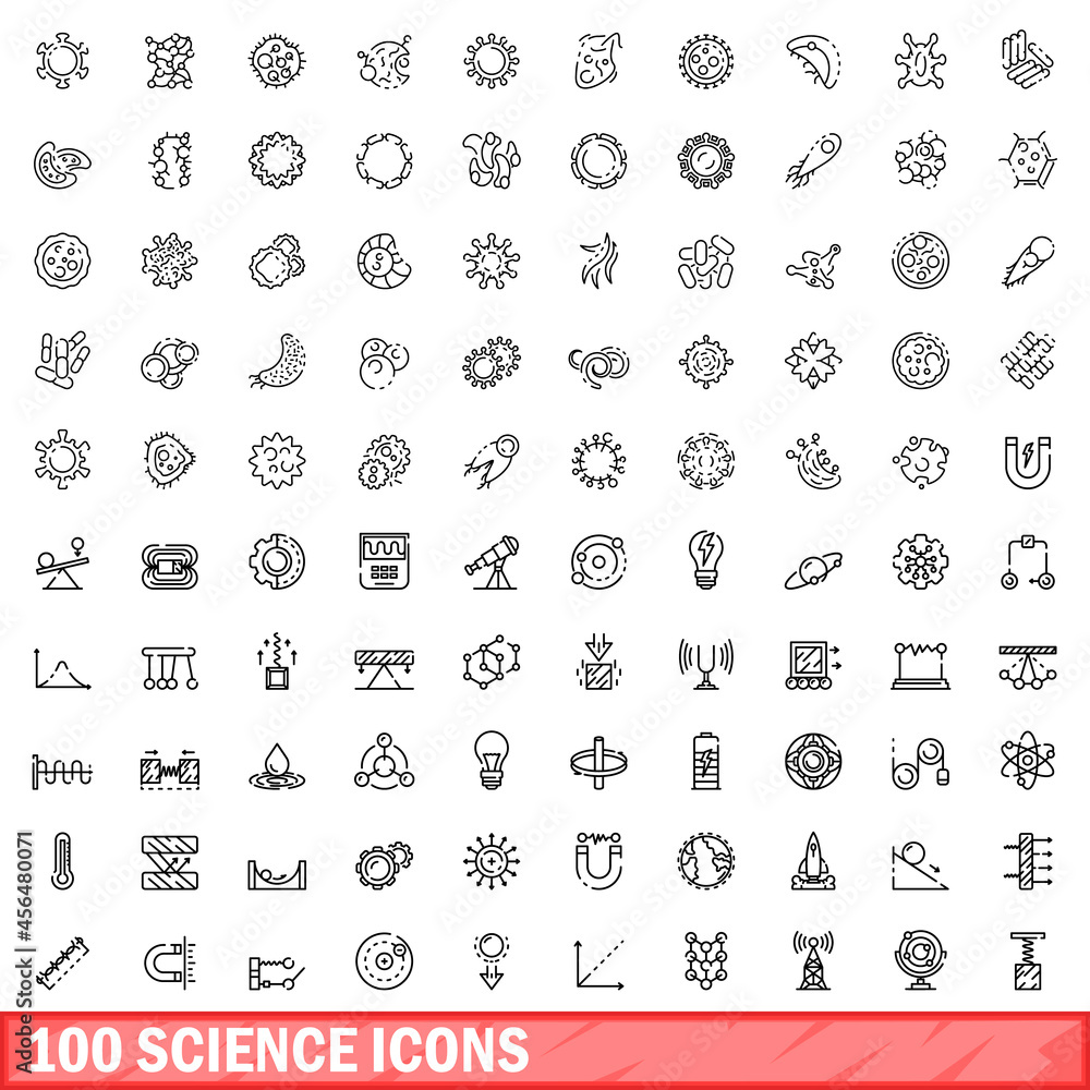 Poster 100 science icons set. outline illustration of 100 science icons vector set isolated on white backgr