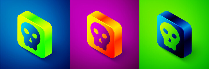 Isometric Skull icon isolated on blue, purple and green background. Happy Halloween party. Square button. Vector