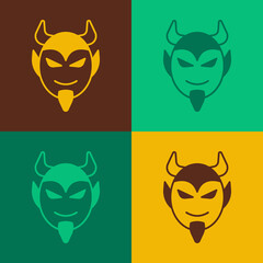 Pop art Devil head icon isolated on color background. Happy Halloween party. Vector