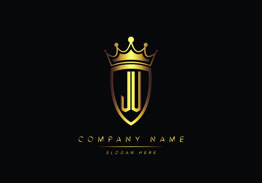 Alphabet letters JU monogram logo, gold color, shield style, luxury style, vector illustration