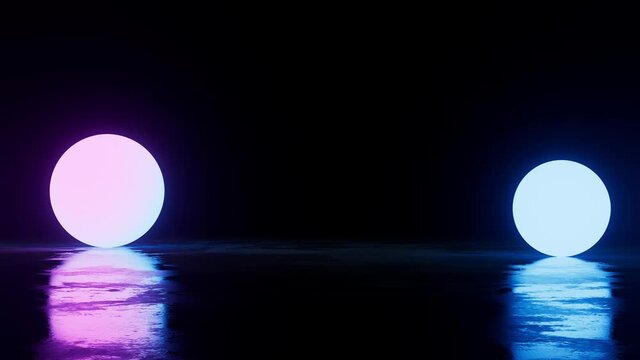 3d render of fluorescent geometry rolling on a roughness surface with puddle effect. Abstract vibrant dark background. Sphere geometry. Loop.