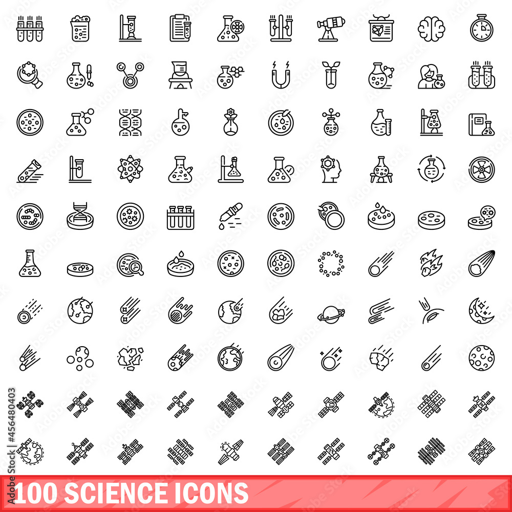 Poster 100 science icons set. outline illustration of 100 science icons vector set isolated on white backgr