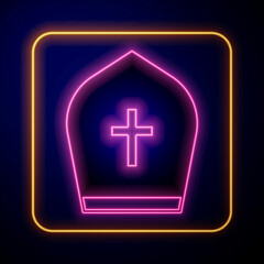 Glowing neon Pope hat icon isolated on black background. Christian hat sign. Vector