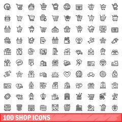 100 shop icons set. Outline illustration of 100 shop icons vector set isolated on white background