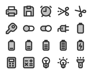 Collection of bicolor pixel perfect icons: User interface. Set #4.  Built on  base grid of  24 x 24 pixels. The initial base line weight is 2 pixels. Editable strokes