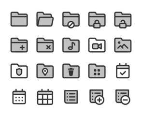 Collection of bicolor pixel perfect icons: User interface. Set #3.  Built on  base grid of  32 x 32  pixels. The initial base line weight is 2 pixels. Editable strokes