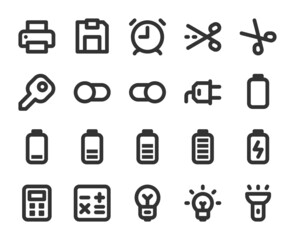 Collection of monochromatic pixel perfect icons: User interface. Set #4.  Built on  base grid of  24 x 24 pixels. The initial base line weight is 2 pixels. Editable strokes