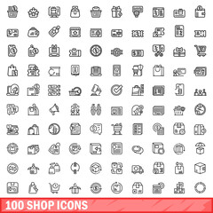 Fototapeta na wymiar 100 shop icons set. Outline illustration of 100 shop icons vector set isolated on white background