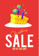 Christmas Sale. 3D render design for season offer with shopping basket and gifts.