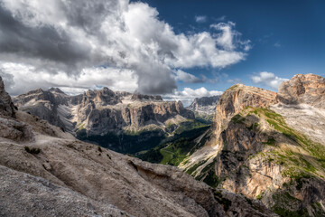 Naklejka na ściany i meble Landscape of Alta Badia seen from the mountain Sassongher, Dolomites, Italy