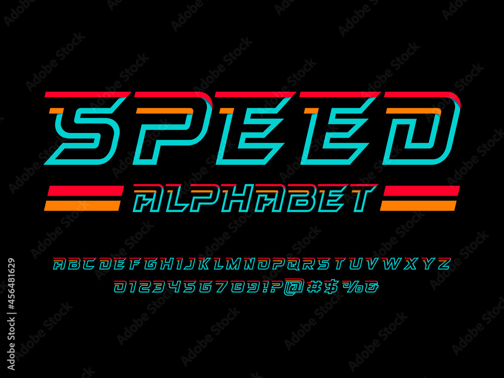 Fototapete speed style alphabet design with uppercase, numbers and symbols