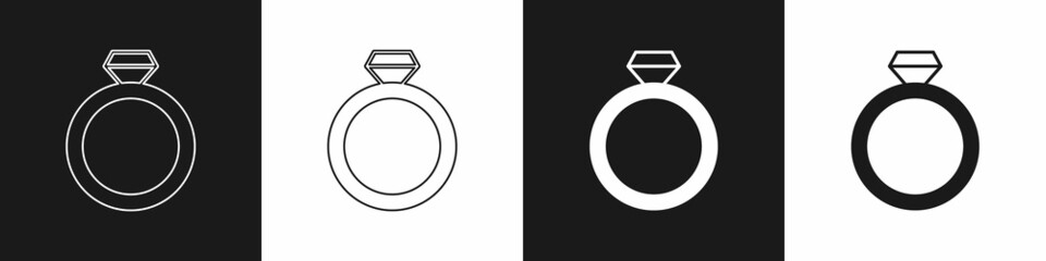 Set Diamond engagement ring icon isolated on black and white background. Vector