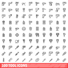 100 tool icons set. Outline illustration of 100 tool icons vector set isolated on white background - obrazy, fototapety, plakaty