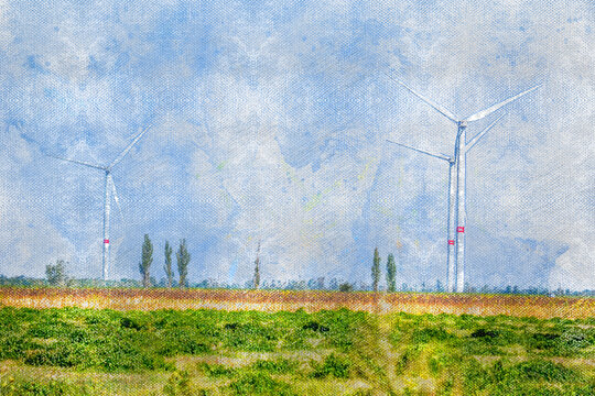 A wind farm in the field. Tall white three-bladed wind generators against a clear sky. Industrial landscape. Digital watercolor painting.