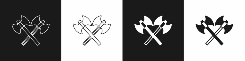 Set Crossed medieval axes icon isolated on black and white background. Battle axe, executioner axe. Medieval weapon. Vector