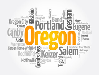 List of cities in Oregon USA state, word cloud concept background