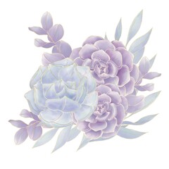 Bouquet of succulent flowers, blue and purple, with twigs and leaves, golden outline