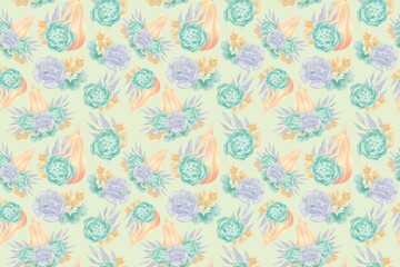 Seamless autumn pattern of illustrations of pumpkins, succulent flowers, twigs, leaves on a beige background