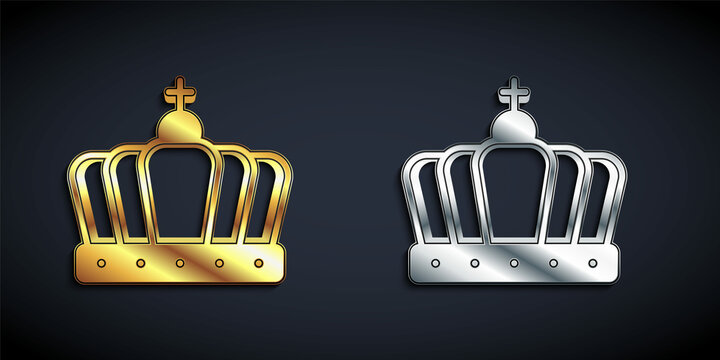 Gold And Silver King Crown Icon Isolated On Black Background. Long Shadow Style. Vector