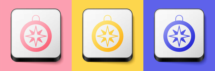 Isometric Compass icon isolated on pink, yellow and blue background. Windrose navigation symbol. Wind rose sign. Square button. Vector