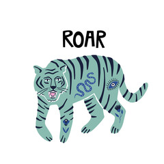 Tiger with boho tatoos and roar word. Hand drawn vector illustration