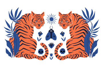 Symmetrical concept with  tigers and mystical boho elements. Hand drawn vector illustration