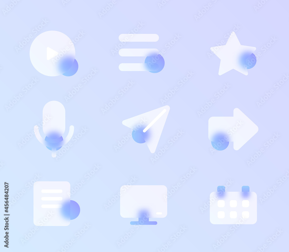 Poster ui glass morphism trendy style icon set. ui web transparent glass color vector icons with blur and p