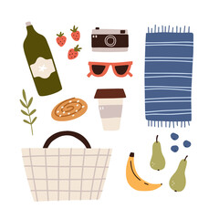 Picnic concept. Set with basket, food and other picnic essentials. Hand drawn vector illustration